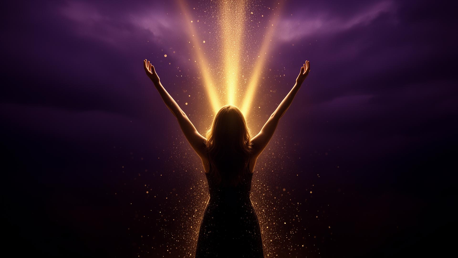 Woman with arms raised in surrender beneath rays of divine golden light